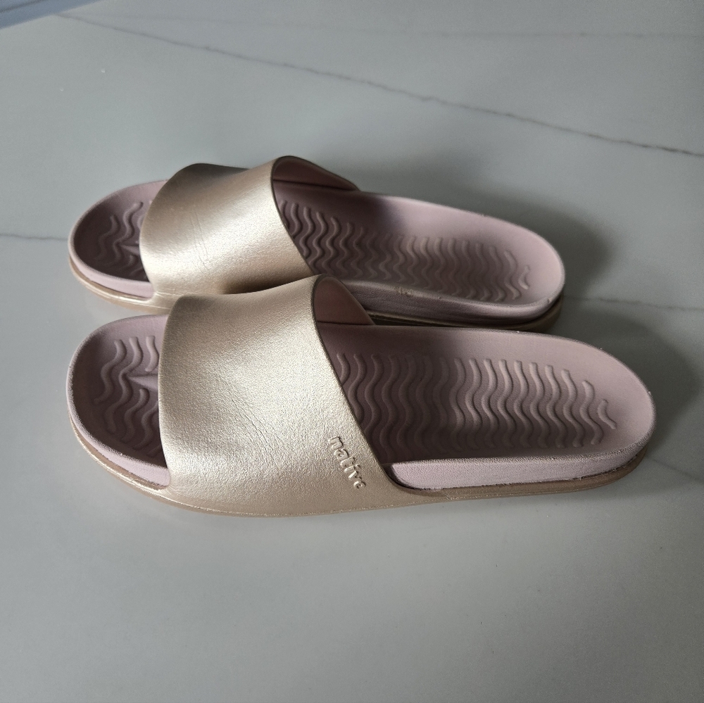 Native Rose Gold and Light Pink Metallic Ella Slide Sandals